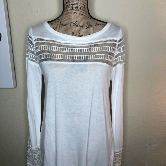 Free People White Mesh Insert Roxie Tee Embroidered Panels Size Small - Picture 3 of 14